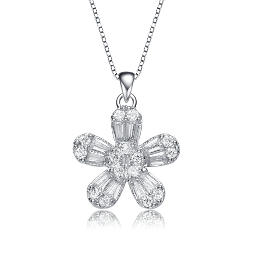Rozzato Sterling Silver With Rhodium Plated Baguette Cubic Zirconia Flower Style Pendant Necklace