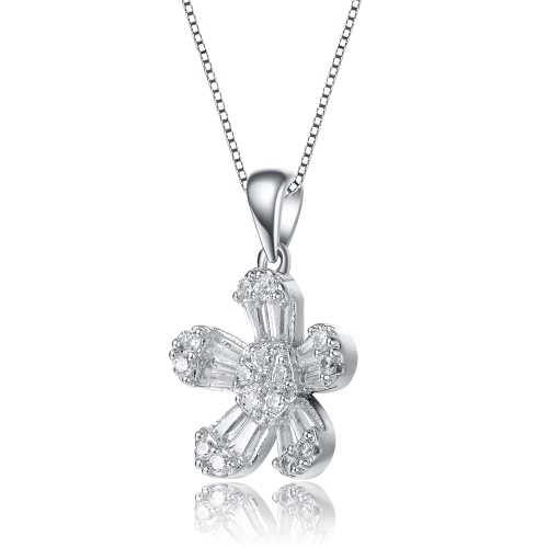 Rozzato Sterling Silver With Rhodium Plated Baguette Cubic Zirconia Flower Style Pendant Necklace