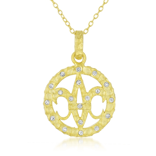 Image 1 de 2.. Pendentifs ronds en forme de goutte de fleur de lis en argent sterling plaquï¿½ or cz