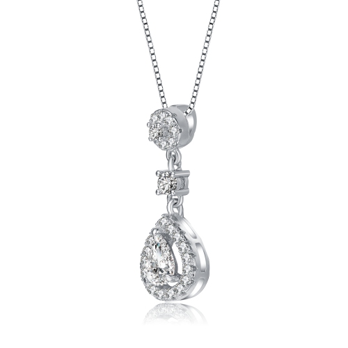 Rozzato Sterling Silver With Rhodium Plated Pear And Round Cubic Zirconia Accent Drop Pendant Necklace