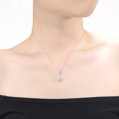 Rozzato Sterling Silver With Rhodium Plated Pear And Round Cubic Zirconia Accent Drop Pendant Necklace