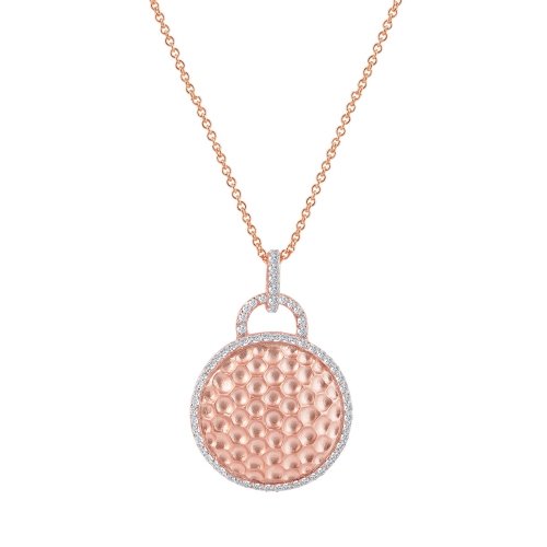 Rozzato C.z. Sterling Silver Rose Plated Round Hammered Drop Pendant