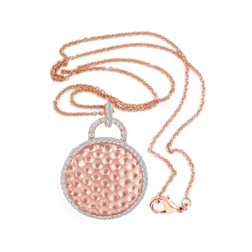 Rozzato C.z. Sterling Silver Rose Plated Round Hammered Drop Pendant
