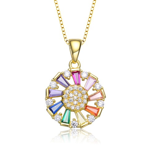 Rozzato Sterling Silver With Gold Plated Round And Multy Color Baguette Cubic Zirconia Wreath Pendant Necklace