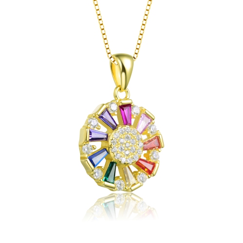 Rozzato Sterling Silver With Gold Plated Round And Multy Color Baguette Cubic Zirconia Wreath Pendant Necklace