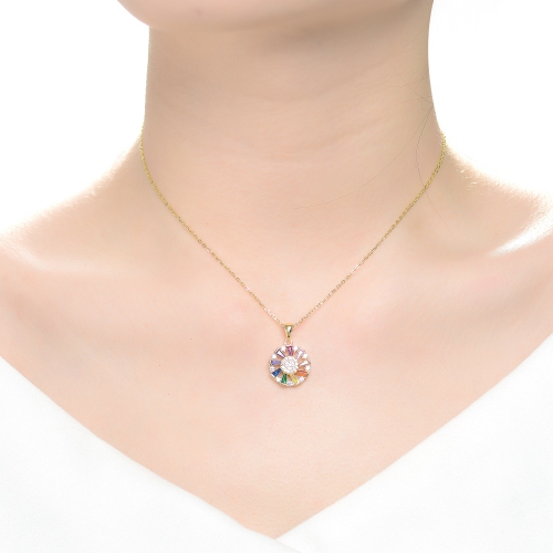 Rozzato Sterling Silver With Gold Plated Round And Multy Color Baguette Cubic Zirconia Wreath Pendant Necklace