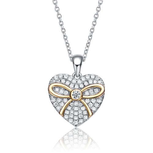 Rozzato Sterling Silver Two Tone And Clear Cubic Zirconia Heart Necklace