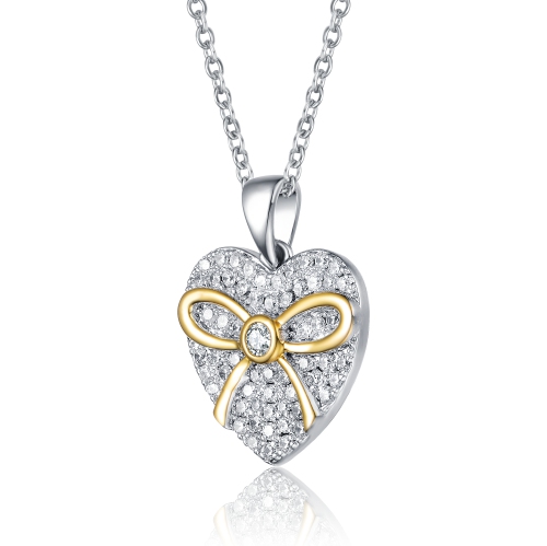 Rozzato Sterling Silver Two Tone And Clear Cubic Zirconia Heart Necklace