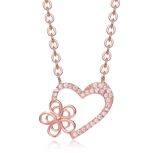 Rozzato Rose-plated Sterling Silver Cubic Zirconia Heart And Flower Shape Necklace