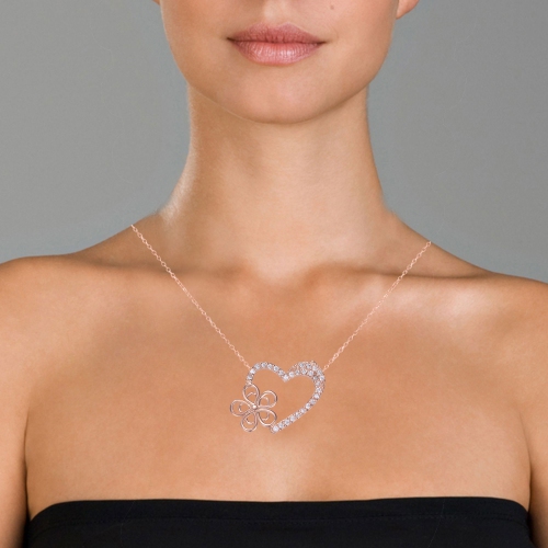 Rozzato Rose-plated Sterling Silver Cubic Zirconia Heart And Flower Shape Necklace
