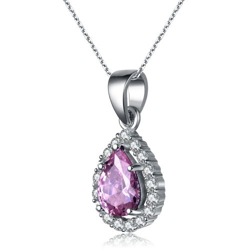 Rozzato C.z. Sterling Silver Rhodium Plated Pink Teardrop Pendant