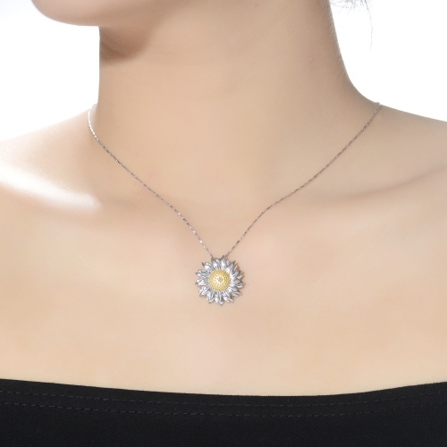 Rozzato Rhodium Plated Cubic Zirconia Sunflower Shape Pendant