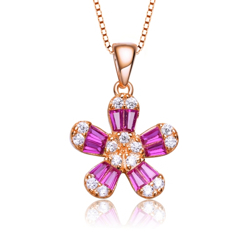Rozzato Sterling Silver With Rose Gold Plated Red Baguette Cubic Zirconia Flower Style Pendant Necklace