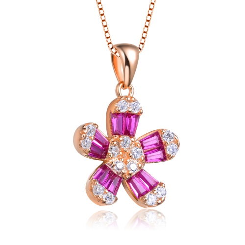 Rozzato Sterling Silver With Rose Gold Plated Red Baguette Cubic Zirconia Flower Style Pendant Necklace