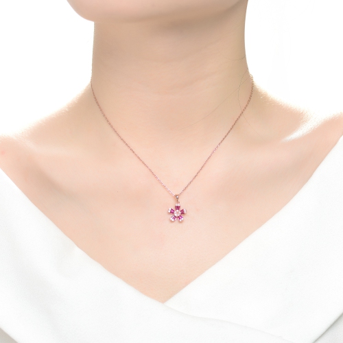 Rozzato Sterling Silver With Rose Gold Plated Red Baguette Cubic Zirconia Flower Style Pendant Necklace