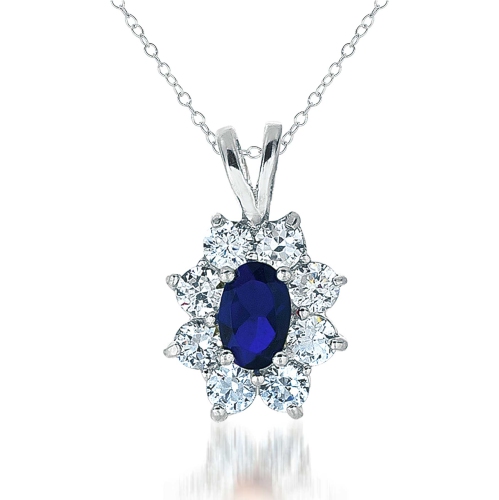 Rozzato C.z. Sterling Silver Rhodium Plated Sapphire Flower Shape Drop Pendant