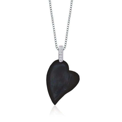 ROZZATO  C.z. Sterling Silver Rhodium Plated Heart Shape Mother Of Pearl Pendant In Black