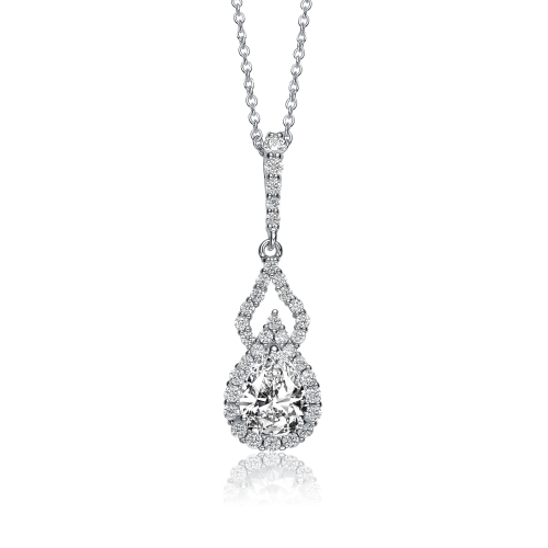 Image 1 of 3.. Rozzato Sterling Silver With Rhodium Plated Clear Pear And Round Cubic Zirconia Halo Two Pear Necklace