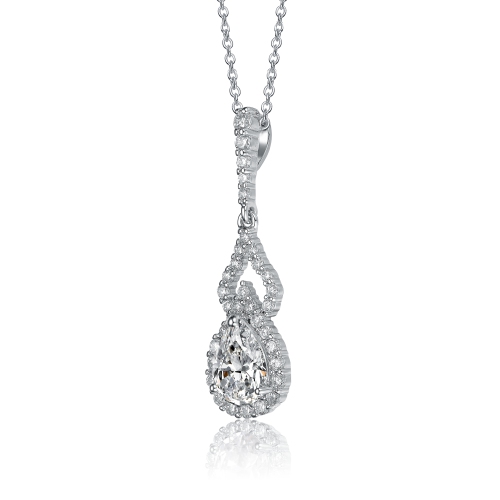 Rozzato Sterling Silver With Rhodium Plated Clear Pear And Round Cubic Zirconia Halo Two Pear Necklace
