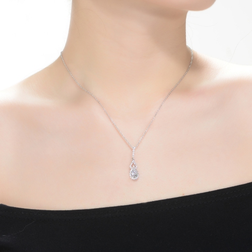 Rozzato Sterling Silver With Rhodium Plated Clear Pear And Round Cubic Zirconia Halo Two Pear Necklace