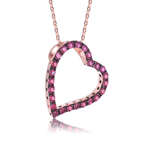 Rozzato Sterling Silver With Rose Gold And Black Plated Pink Round Cubic Zirconia Open Heart Necklace