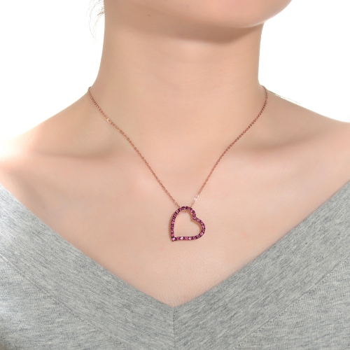 Rozzato Sterling Silver With Rose Gold And Black Plated Pink Round Cubic Zirconia Open Heart Necklace