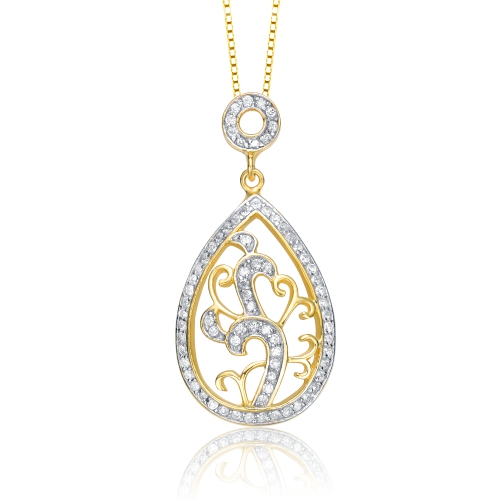 Rozzato Sterling Silver With Gold Plated Clear Round Cubic Zirconia Cluster Pear Drop Pendant Necklace