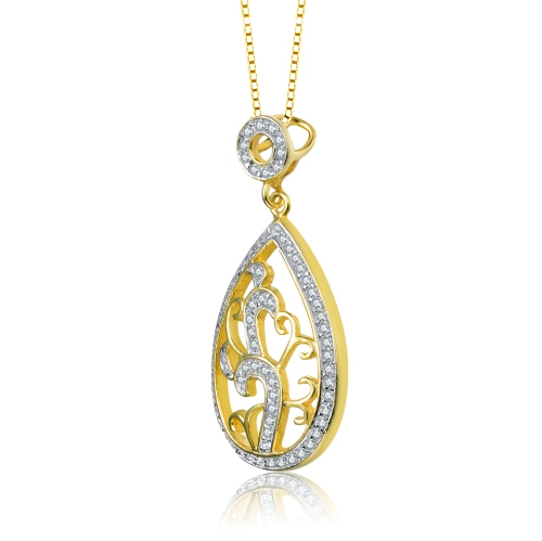 Rozzato Sterling Silver With Gold Plated Clear Round Cubic Zirconia Cluster Pear Drop Pendant Necklace
