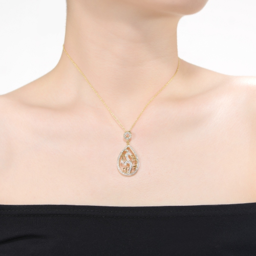 Rozzato Sterling Silver With Gold Plated Clear Round Cubic Zirconia Cluster Pear Drop Pendant Necklace