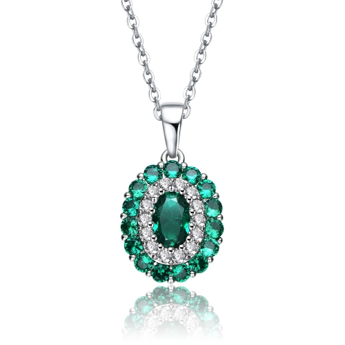 Rozzato Sterling Silver With Rhodium Plated And Emerald Cubic Zirconia Long Lasting Oval Pendant Necklace