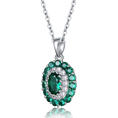 Rozzato Sterling Silver With Rhodium Plated And Emerald Cubic Zirconia Long Lasting Oval Pendant Necklace