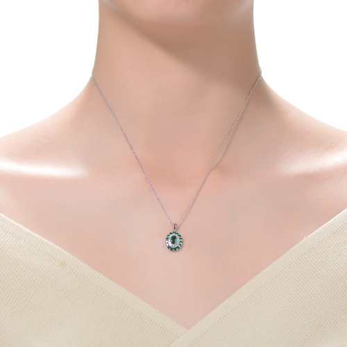 Rozzato Sterling Silver With Rhodium Plated And Emerald Cubic Zirconia Long Lasting Oval Pendant Necklace