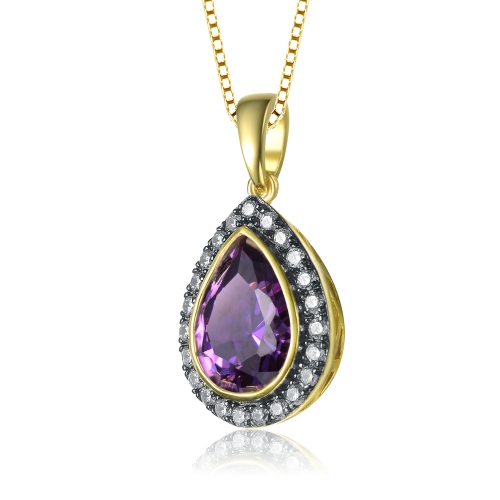 Rozzato Yellow Gold Plated Teardrop Shaped Purple Cubic Zirconia Pendant Necklace