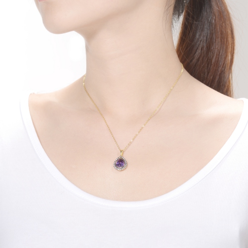 Rozzato Yellow Gold Plated Teardrop Shaped Purple Cubic Zirconia Pendant Necklace
