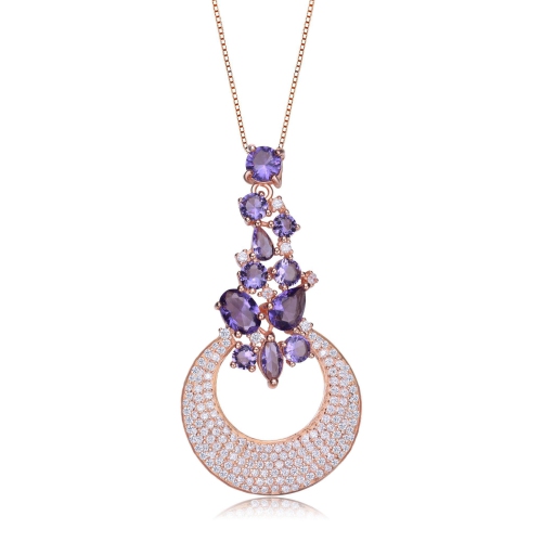 Rozzato Rose Gold Plated Clear And Purple Cubic Zirconia Pendant Necklace