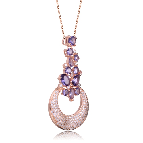 Rozzato Rose Gold Plated Clear And Purple Cubic Zirconia Pendant Necklace
