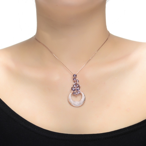 Rozzato Rose Gold Plated Clear And Purple Cubic Zirconia Pendant Necklace