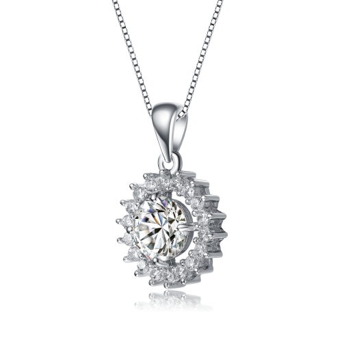 Rozzato Sterling Silver With Rhodium Plated Round Cubic Zirconia Flower Style Pendant Necklace