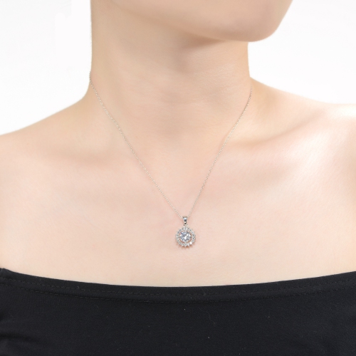 Rozzato Sterling Silver With Rhodium Plated Round Cubic Zirconia Flower Style Pendant Necklace