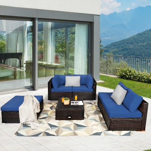 GYMAX  6PCs Rattan Patio Sectional Sofa Set Outdoor Furniture Set W/ Cushions In Navy