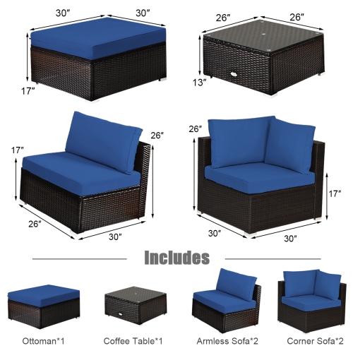 Gymax 6PCS Rattan Patio Sectional Sofa Set Outdoor Furniture Set w/ Navy Cushions