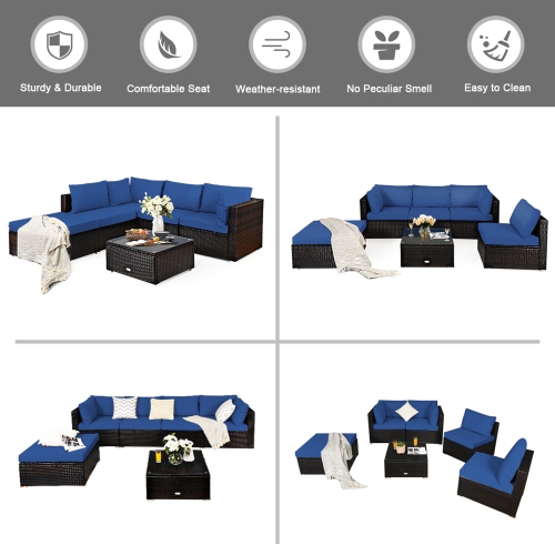 Gymax 6PCS Rattan Patio Sectional Sofa Set Outdoor Furniture Set w/ Navy Cushions