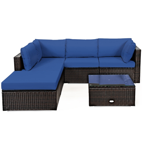 Gymax 6PCS Rattan Patio Sectional Sofa Set Outdoor Furniture Set w/ Navy Cushions