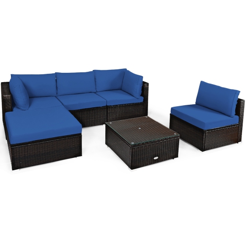 Gymax 6PCS Rattan Patio Sectional Sofa Set Outdoor Furniture Set w/ Navy Cushions