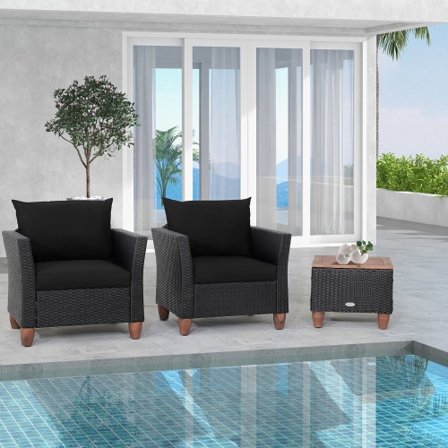 Image 1 of 10.. Gymax 3PCS Patio Rattan Conversation Furniture Set Yard Outdoor w/ Black Cushions