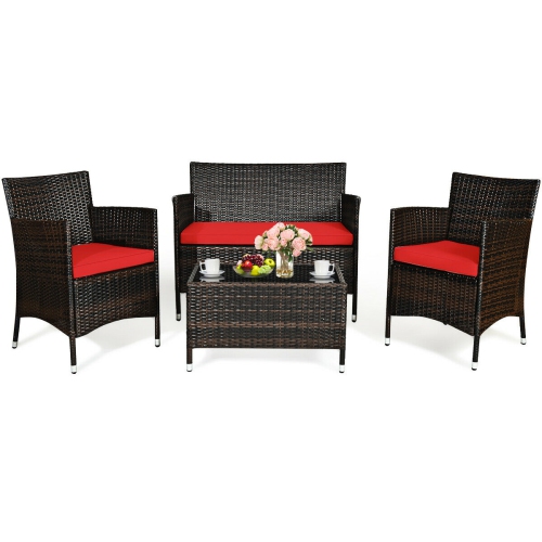 Gymax 4PCS Patio Rattan Conversation Furniture Set Outdoor w/ Red Cushion