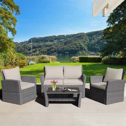 GYMAX  4PCs Patio Rattan Conversation Set Outdoor Furniture Set W/ Khaki Cushions