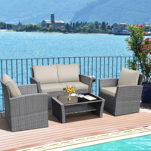Gymax 4PCS Patio Rattan Conversation Set Outdoor Furniture Set w/ Khaki Cushions