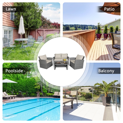 Gymax 4PCS Patio Rattan Conversation Set Outdoor Furniture Set w/ Khaki Cushions