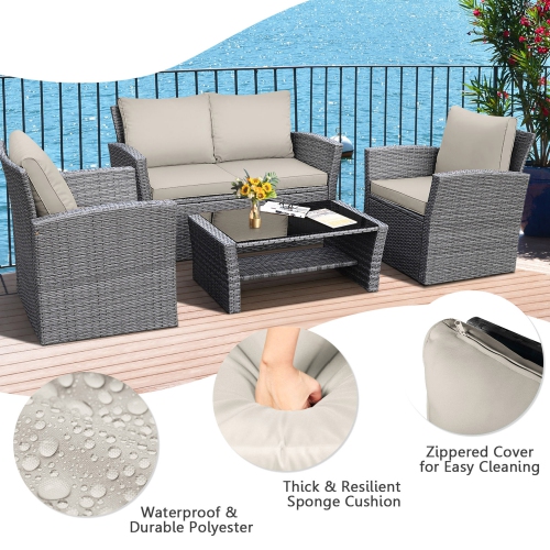 Gymax 4PCS Patio Rattan Conversation Set Outdoor Furniture Set w/ Khaki Cushions